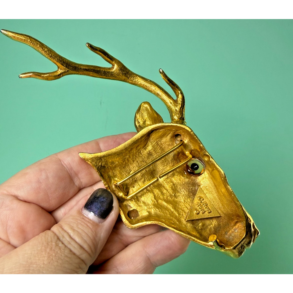 Christopher Ross Signed Belt Buckle 1976 Gold Plated Deer Head Glass Eye Vintage - Picture 2 of 5